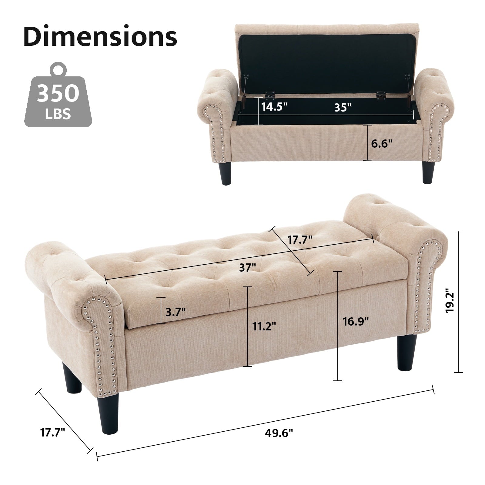 BRILHAMEZ 50" Button Tufted Storage Bench with Armrests, Upholstered Ottoman with Nailhead Trim for End of Bed, Entryway and Living Room
