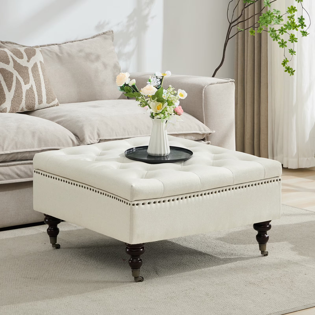 BRILHAMEZ Storage Ottoman Bench, Tufted Upholstered Seat with Hidden Storage, Multi-Functional Coffee Table and Foot Rest for Living Room, Gray