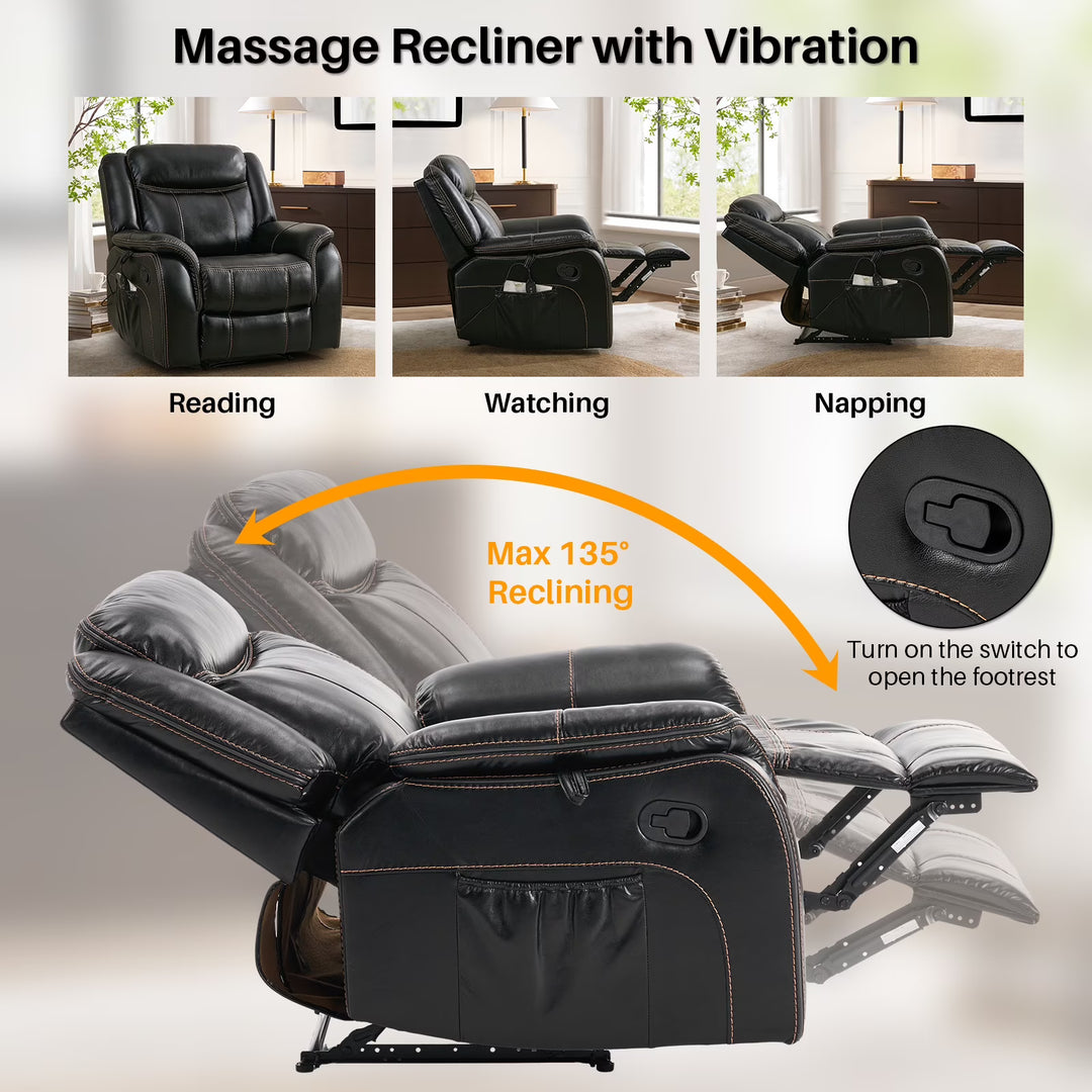 BRILHAMEZ 38 "Wide Manual Recliner, Adult Single Sofawith Heating and Massage, Leatherette Fabric, Suitable for Living Room and Bedroom,Gray