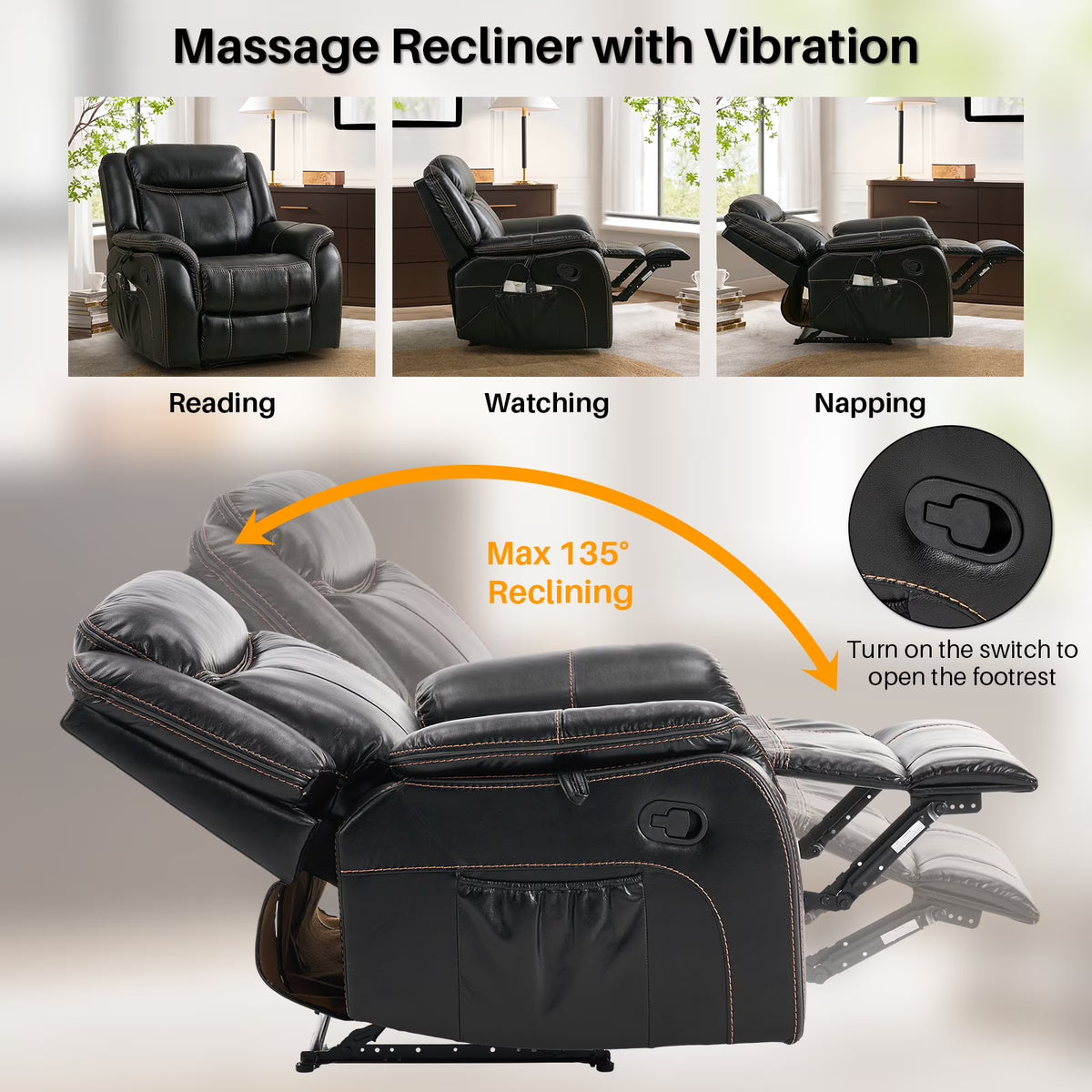 BRILHAMEZ 38 "Wide Manual Recliner, Adult Single Sofawith Heating and Massage, Leatherette Fabric, Suitable for Living Room and Bedroom,Gray