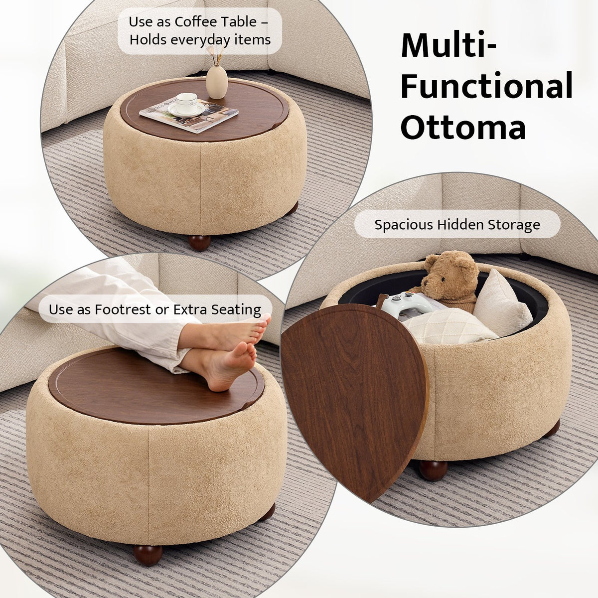 BRILHAMEZ Round Storage Ottoman with Reversible Wooden Tray, Modern Upholstered Footstool & Small Coffee Table with Hidden Compartment