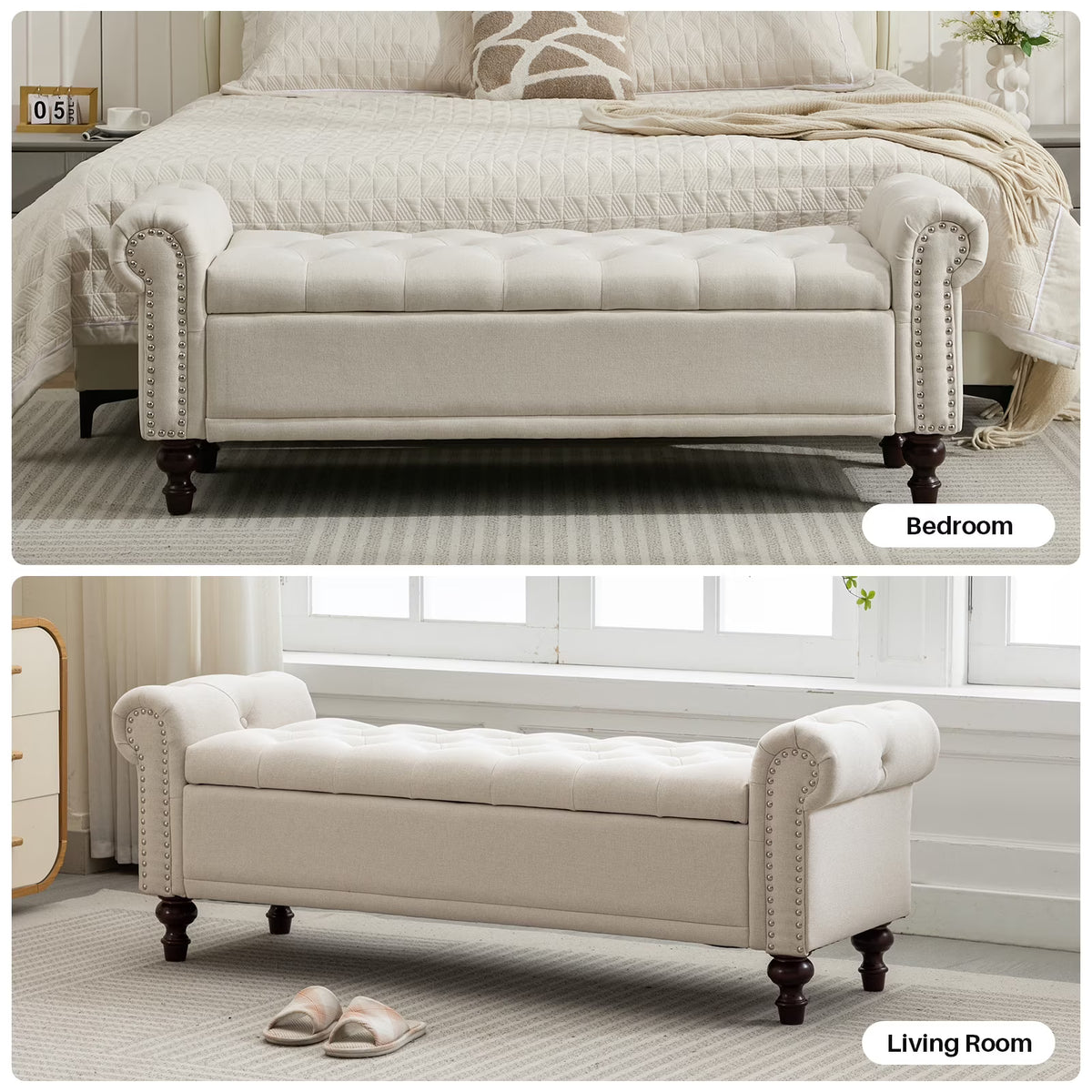 BRILHAMEZ 58" Button Tufted Storage Bench with Rolled Arms, Linen Upholstered Ottoman with Nailhead Trim for End of Bed