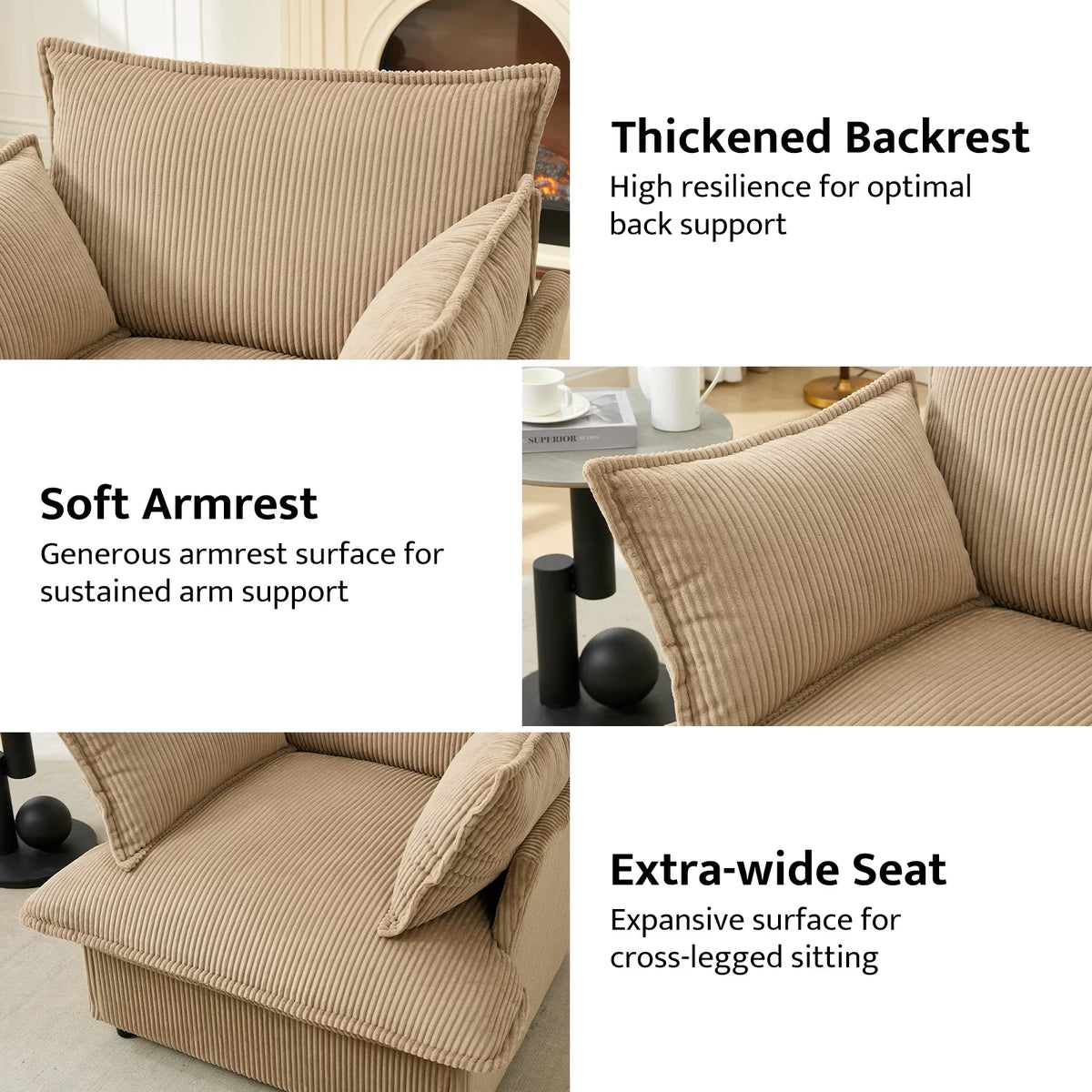 BRILHAMEZ 35" Wide Modern Oversized Accent Chair, Corduroy Single Sofa with Two Armrest Pillows,for Living Room, Reading, Office,Brown