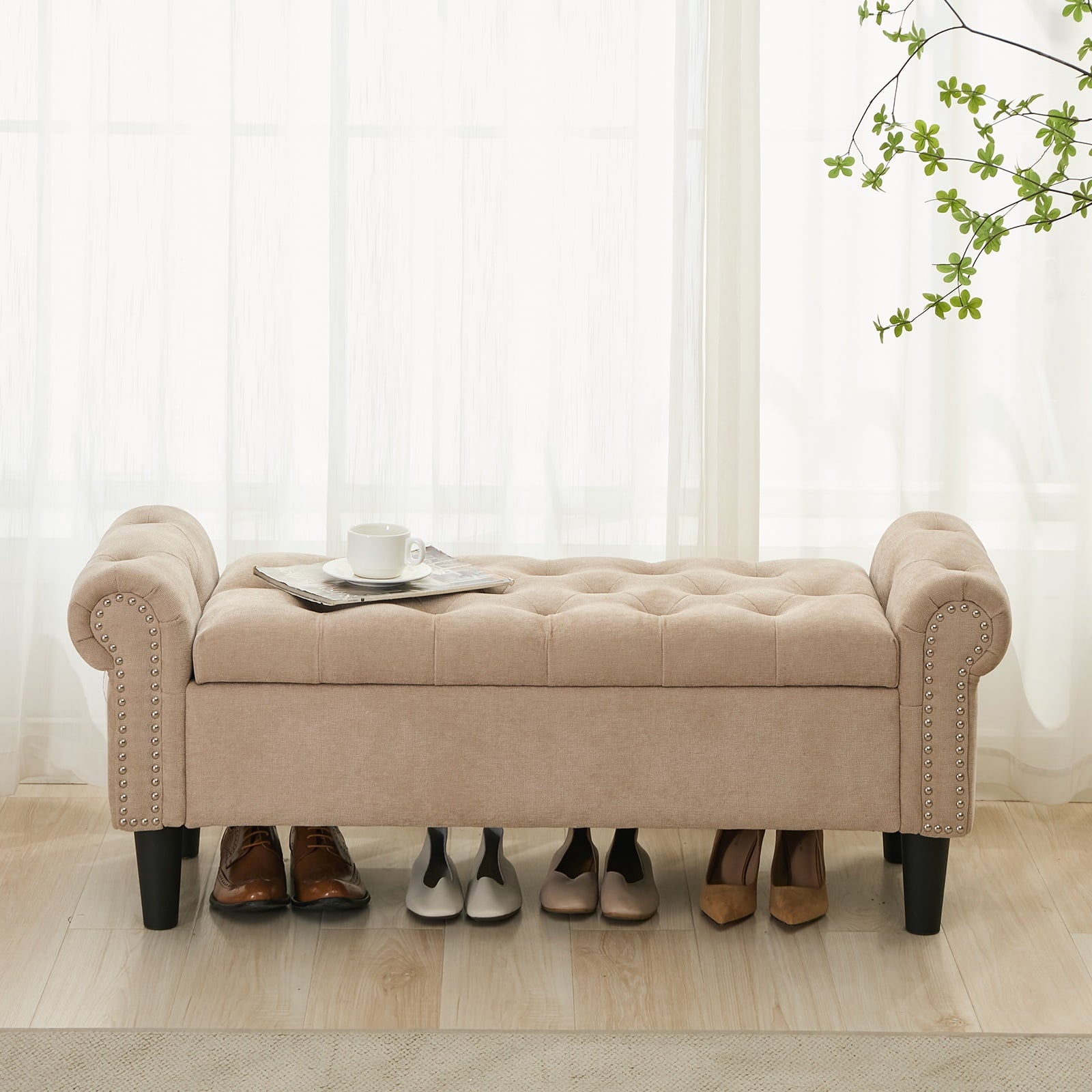BRILHAMEZ 50" Button Tufted Storage Bench with Armrests, Upholstered Ottoman with Nailhead Trim for End of Bed, Entryway and Living Room