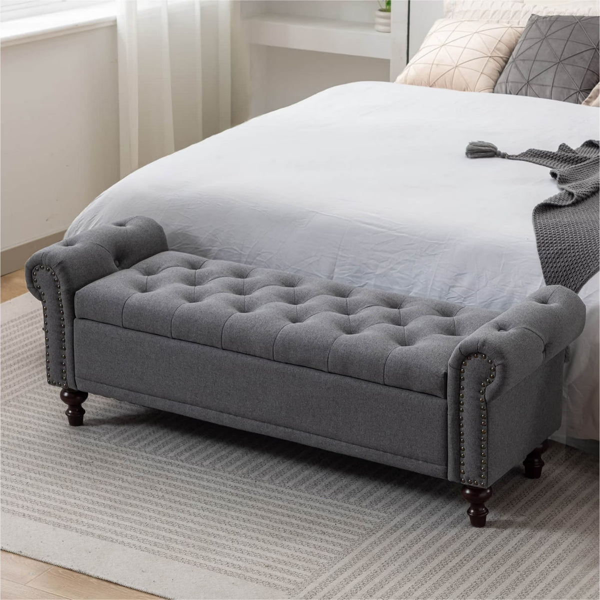BRILHAMEZ 58" Button Tufted Storage Bench with Rolled Arms, Linen Upholstered Ottoman with Nailhead Trim for End of Bed