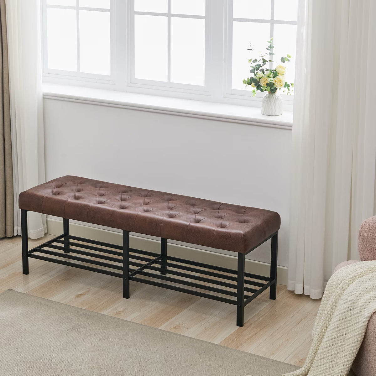 BRILHAMEZ 55"Wide Upholstered Bench Bed End Bench with Storage Box Iron Frame Shoe Bench for Bedroom Living Room Entryway,Dark Brown