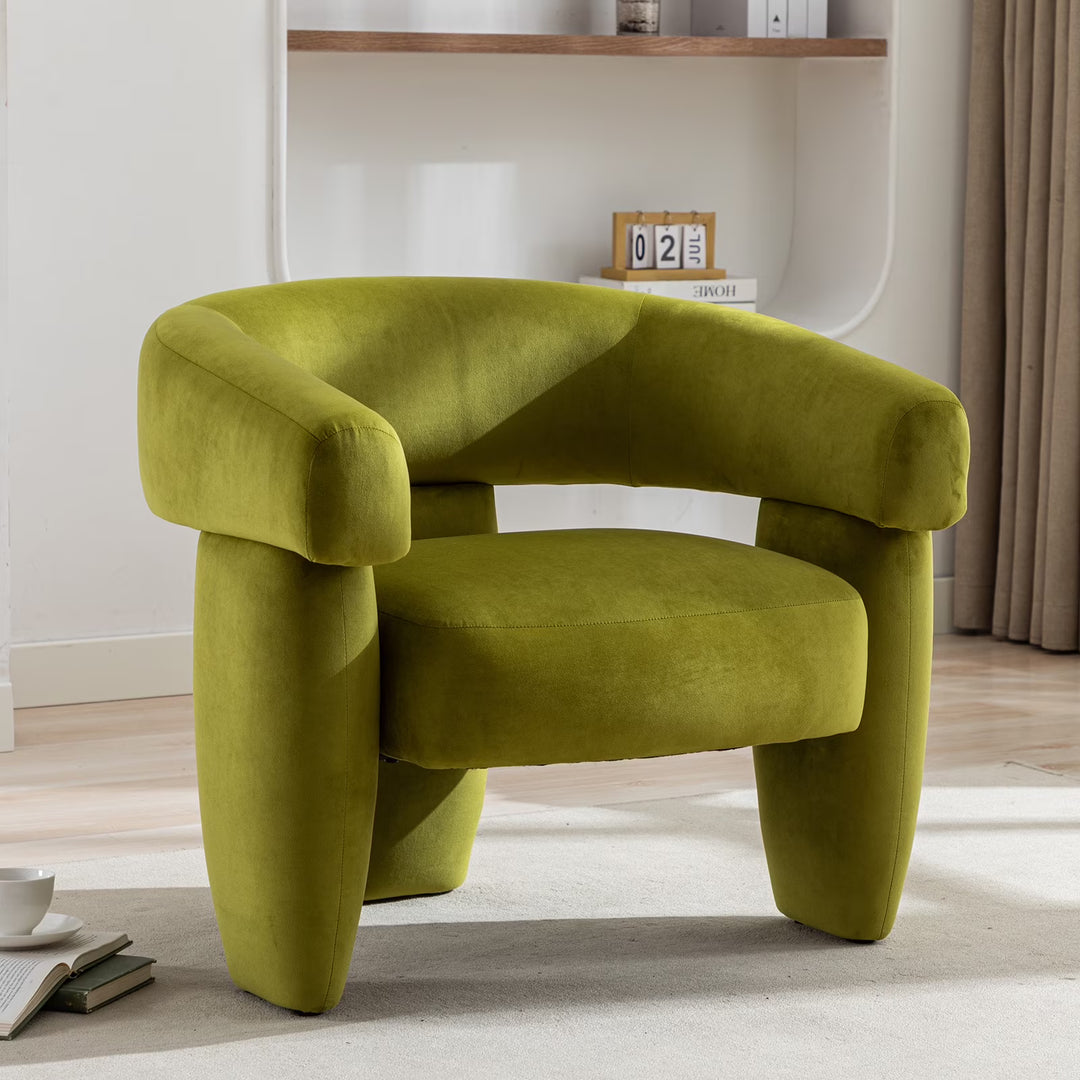 BRILHAMEZ Modern Accent Chair, Barrel Upholstered Armchair, Velvet Single Sofa Chair for Living Room, Bedroom, Reading,Green