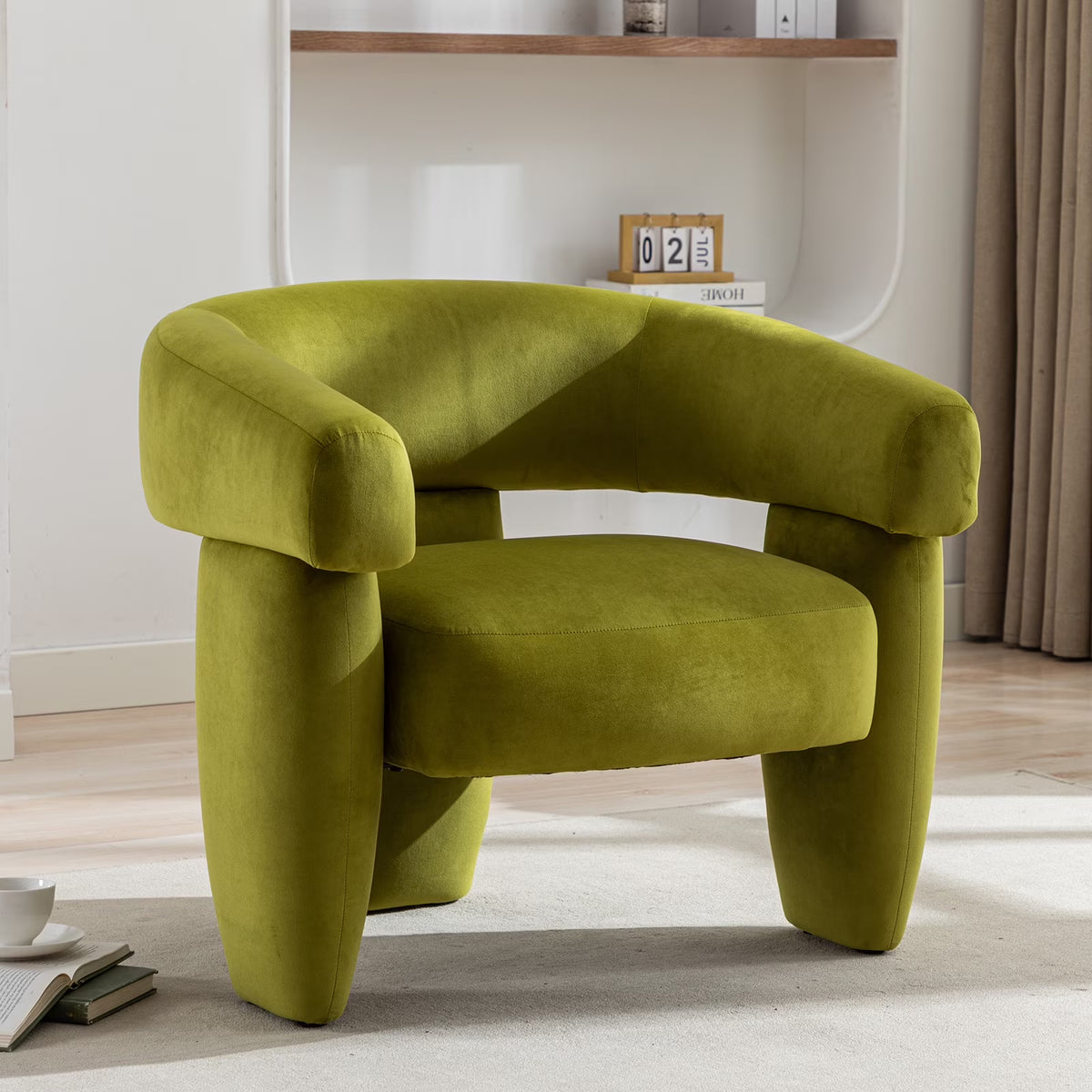 BRILHAMEZ Modern Accent Chair, Barrel Upholstered Armchair, Velvet Single Sofa Chair for Living Room, Bedroom, Reading,Green