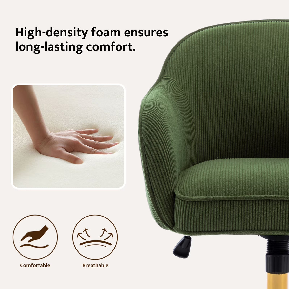 JURANYAZHU Velvet Office Chair, Ergonomic Desk Chair with Adjustable Height, 360° Swivel, Padded Armrests for Home Office, Green