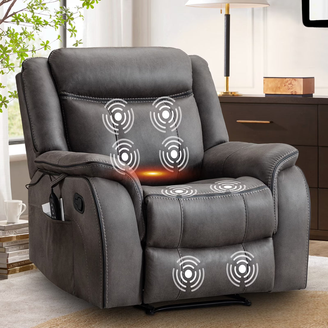 BRILHAMEZ 38 "Wide Manual Recliner, Adult Single Sofawith Heating and Massage, Leatherette Fabric, Suitable for Living Room and Bedroom,Gray
