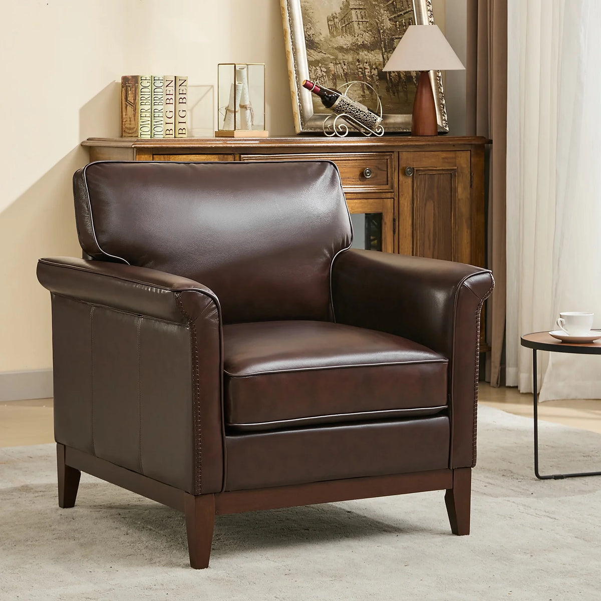 BRILHAMEZ Genuine Leather Accent Armchair with Adjustable Legs for Living Room Reading Office,Dark Brown