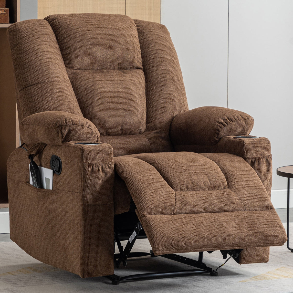 BRILHAMEZ Manual Recliner with Heating and Massage Functions Features Cup Holders and Side Storage Pockets Ideal for Bedrooms and Living Rooms Chenille Fabric for Soft Comfort,Brown