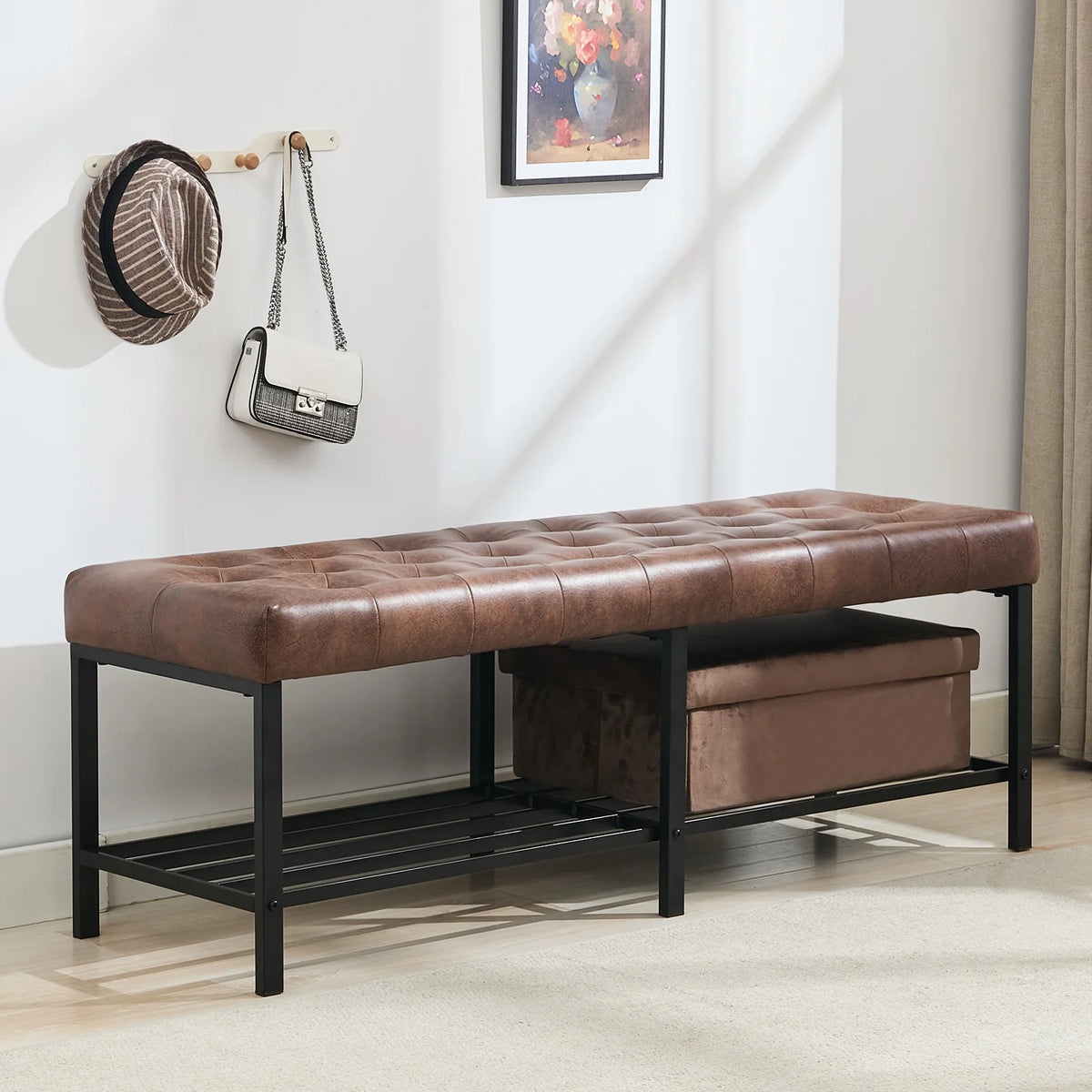 BRILHAMEZ 55"Wide Upholstered Bench Bed End Bench with Storage Box Iron Frame Shoe Bench for Bedroom Living Room Entryway,Dark Brown
