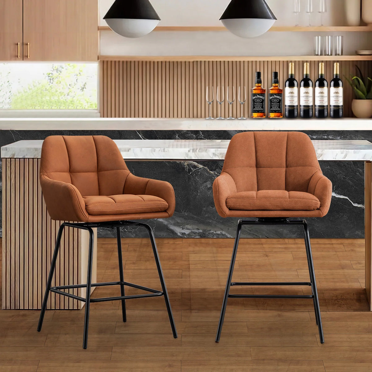 BRILHAMEZ Swivel Bar Stools Set of 2 Faux Leather 26.3 Inches High Mid-Century Barstools with Backrest,Gray