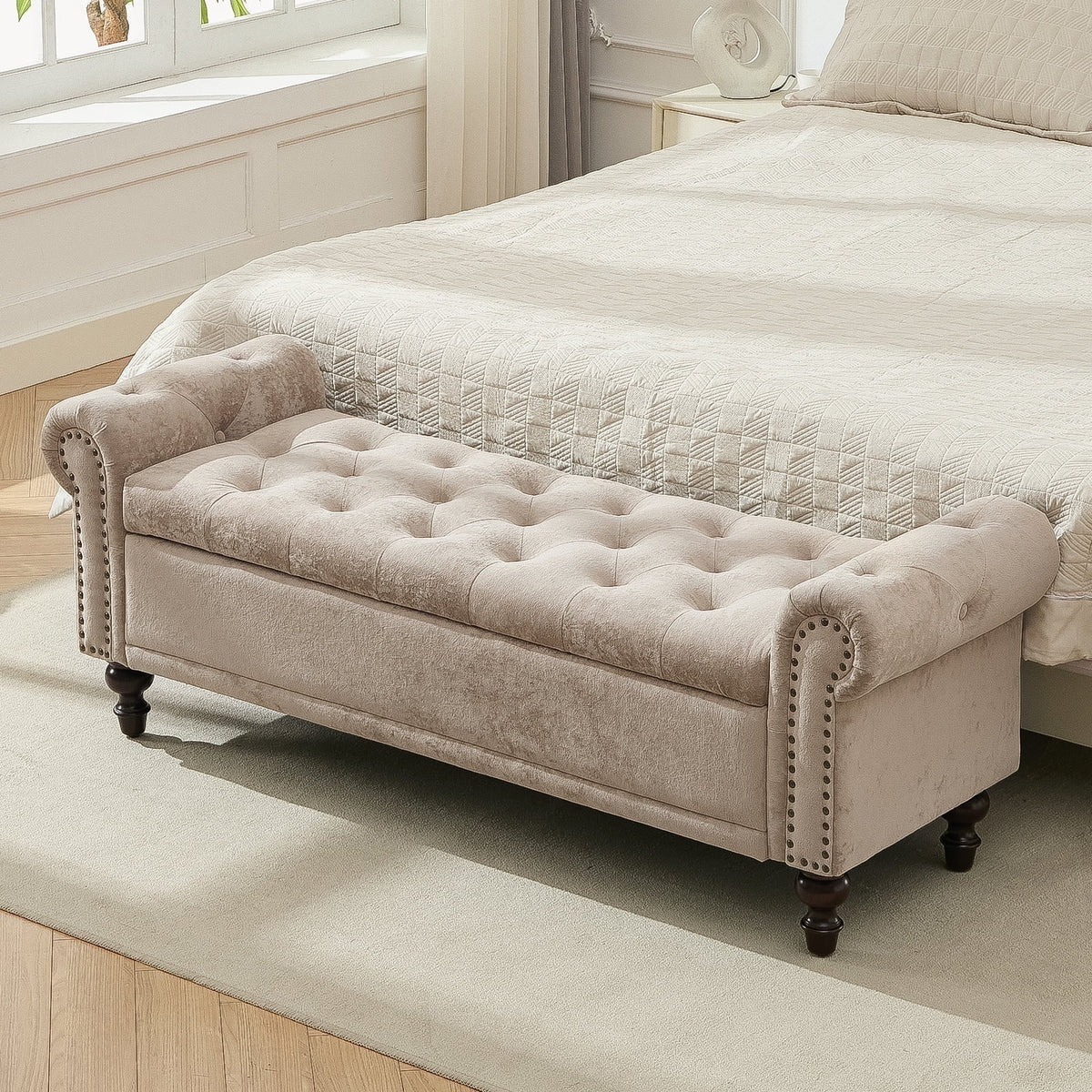BRILHAMEZ 58" Button Tufted Storage Bench with Rolled Arms, Linen Upholstered Ottoman with Nailhead Trim for End of Bed