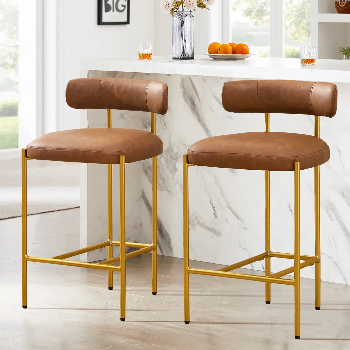 BRILHAMEZ Bar Stools Set of 2 with Backrest and Footrest Modern Gold Metal Frame Bar Stools for Kitchen Counter Bars and Cafes,Beige