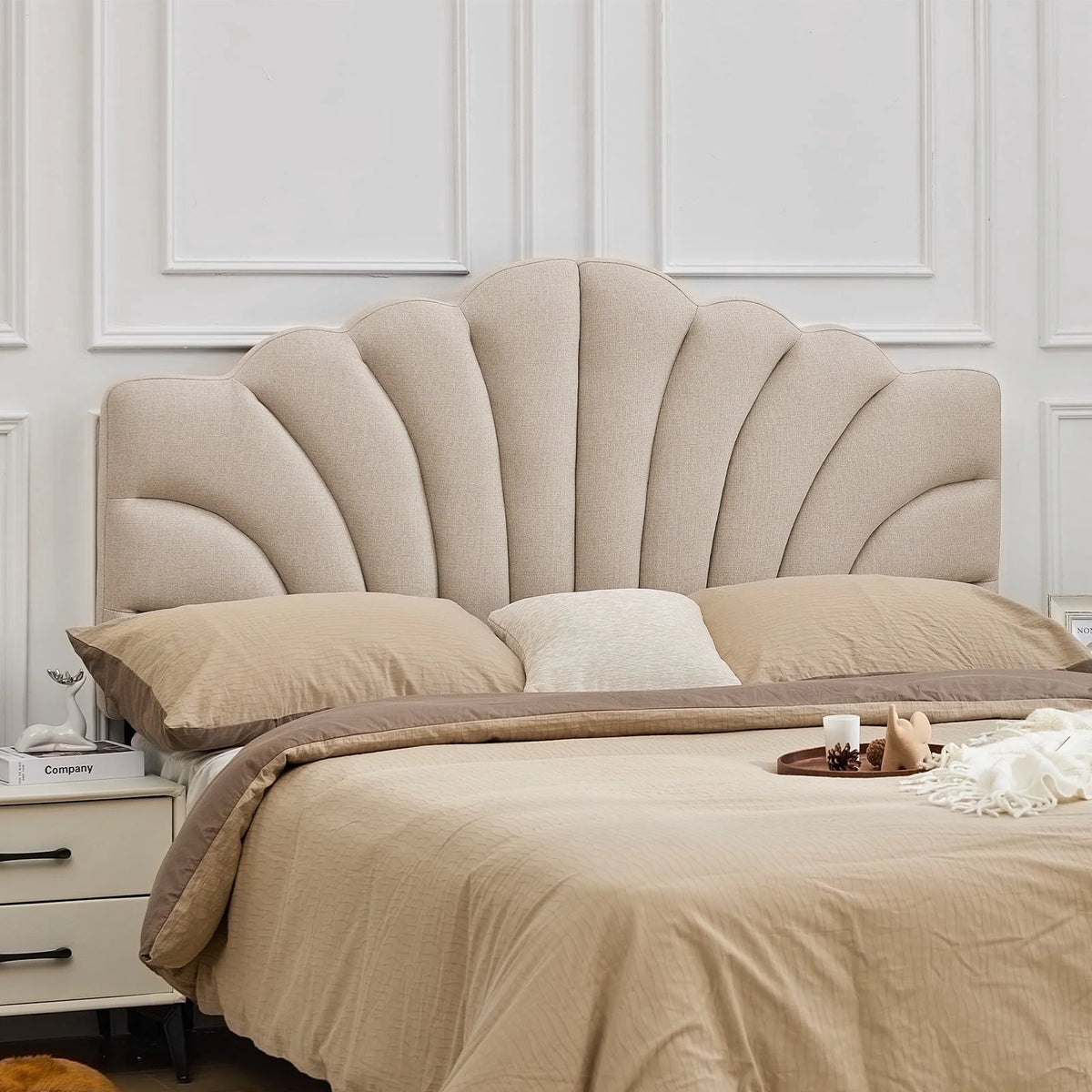 BRILHAMEZ Upholstered Full/Queen Headboard with Petal Design Adjustable Height and Width Linen Fabric,Khaki
