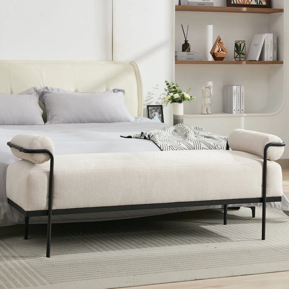 BRILHAMEZ 61" Long Upholstered End of Bed Bench, Modern Chenille Entryway Shoe Bench with Black Metal Legs for Bedroom and Living Room